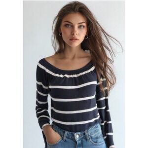 Chaser Stripe Top Sweater Size Medium On-Off Shoulder Balloon Sleeve Blue NWT